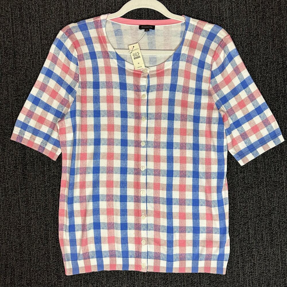Talbots Womens M Plaid Cardigan Blue Pink Cotton Blend Preppy Academia NWT $79
